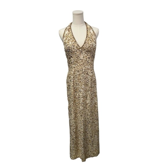 Scala Vintage 90’s Beaded Silk Evening gown Halter backless Gold Women’s XL Prom
